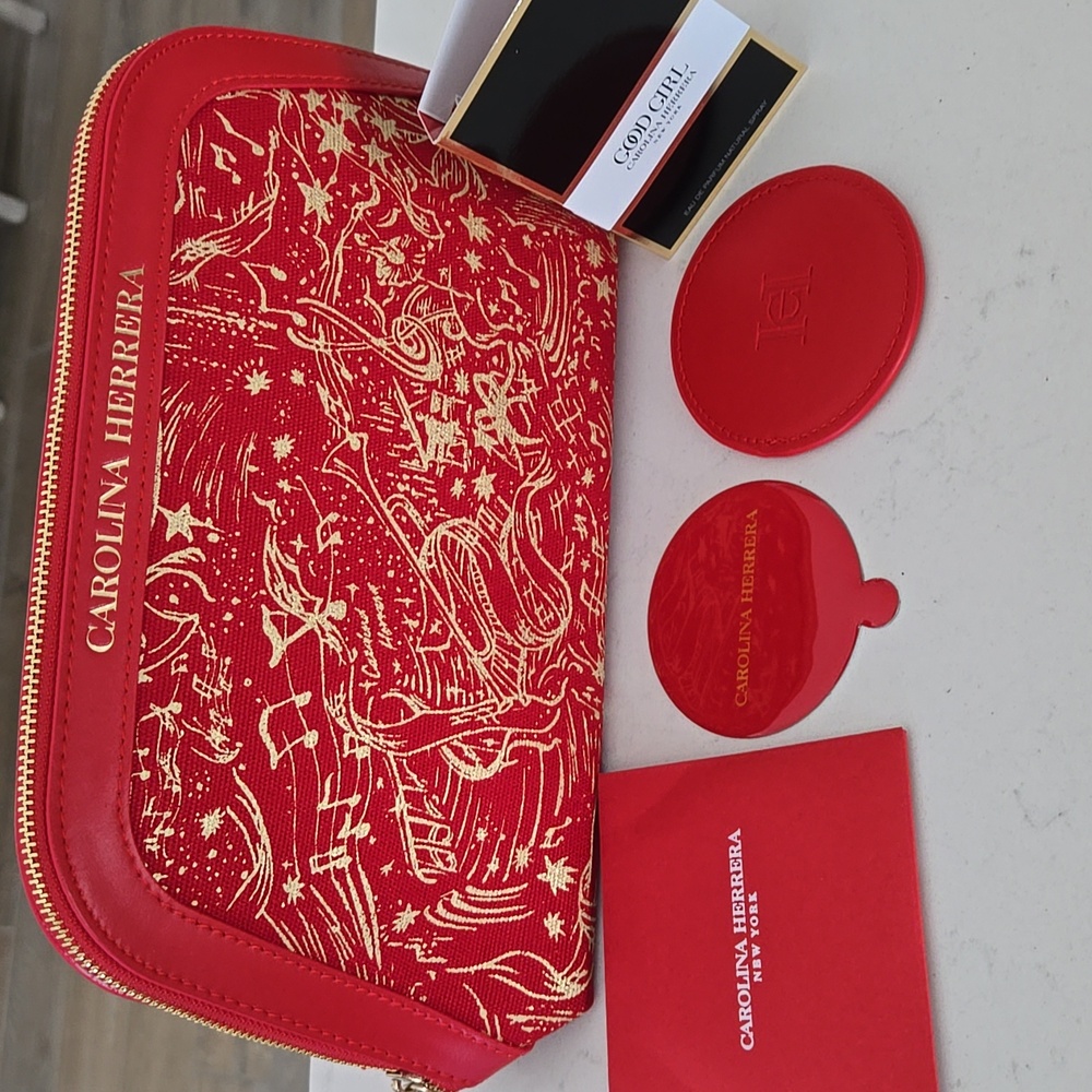 New Carolina Herrera pouch Bag Lunar New Year Red & Gold Clutch Pouch W/ Mirror